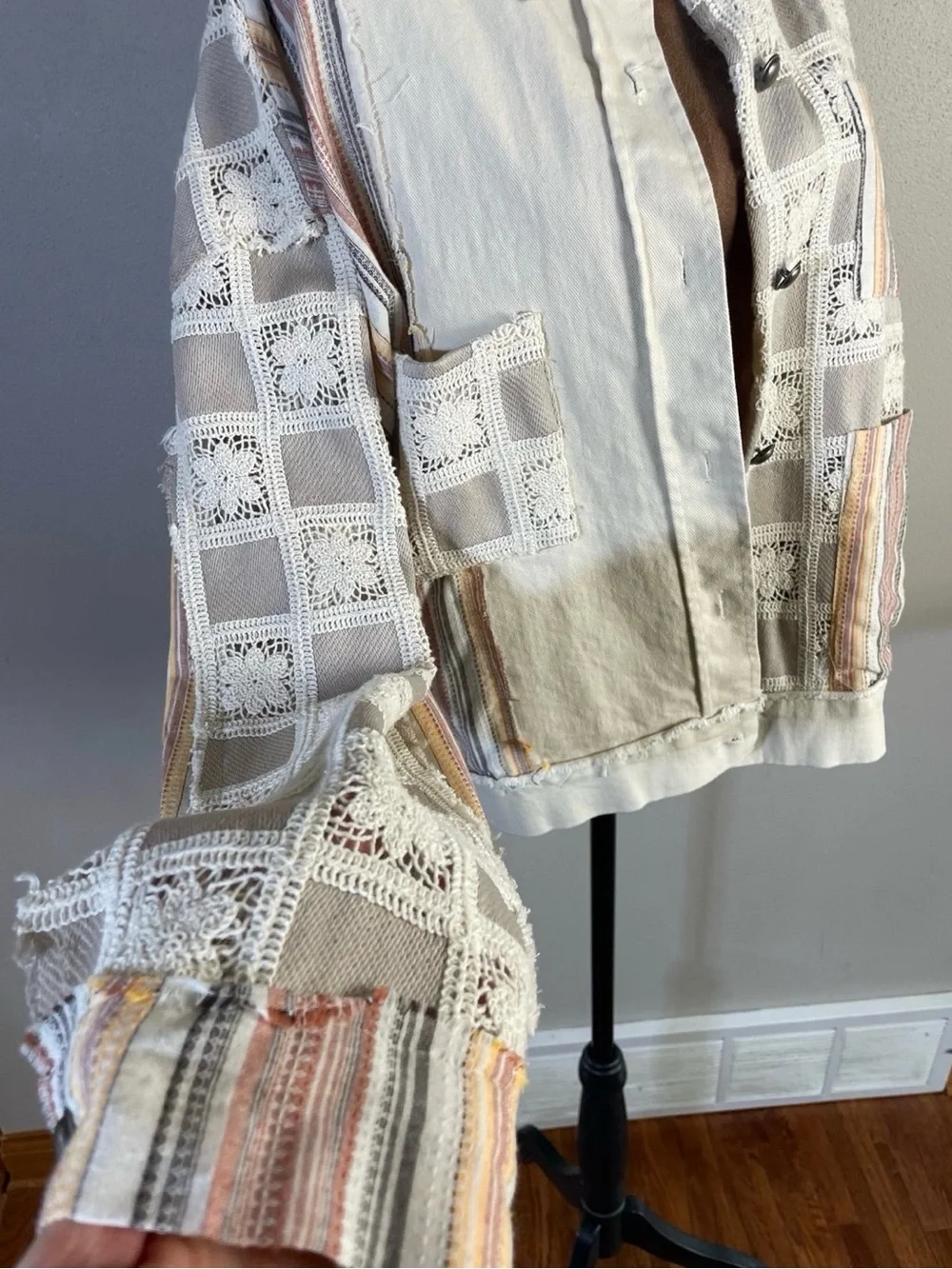 POL Patchwork Lace Trucker Jacket in Beige with Pastel Stripes